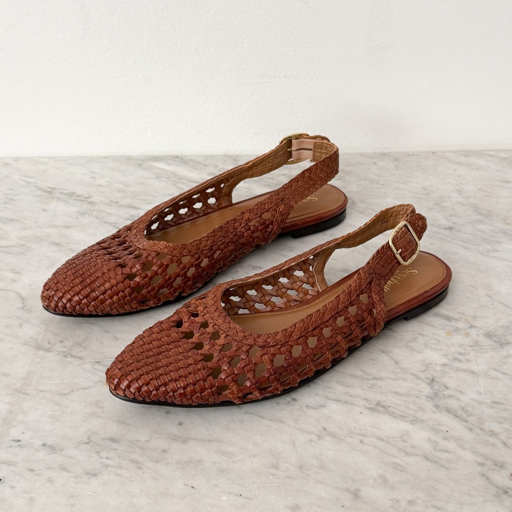 Seychelles Woven Leather Slingback Flats Huarache Pointed Toe 10 Brown Buckle